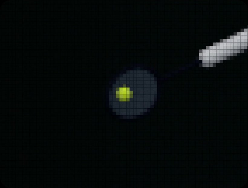 The far ball as seen by phone A, enlarged: a tiny lime blob of about four pixels next to the far player's racket arm.