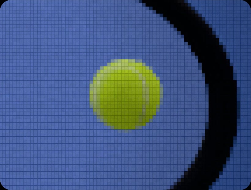 The same ball at the same moment as seen by phone B at that end: a large, clear tennis ball with its seam visible, about twenty pixels wide.